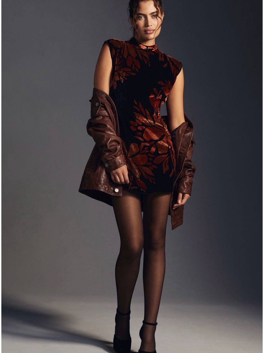 Anthropologie Black Velvet Mini Dress with Rust Floral Motif